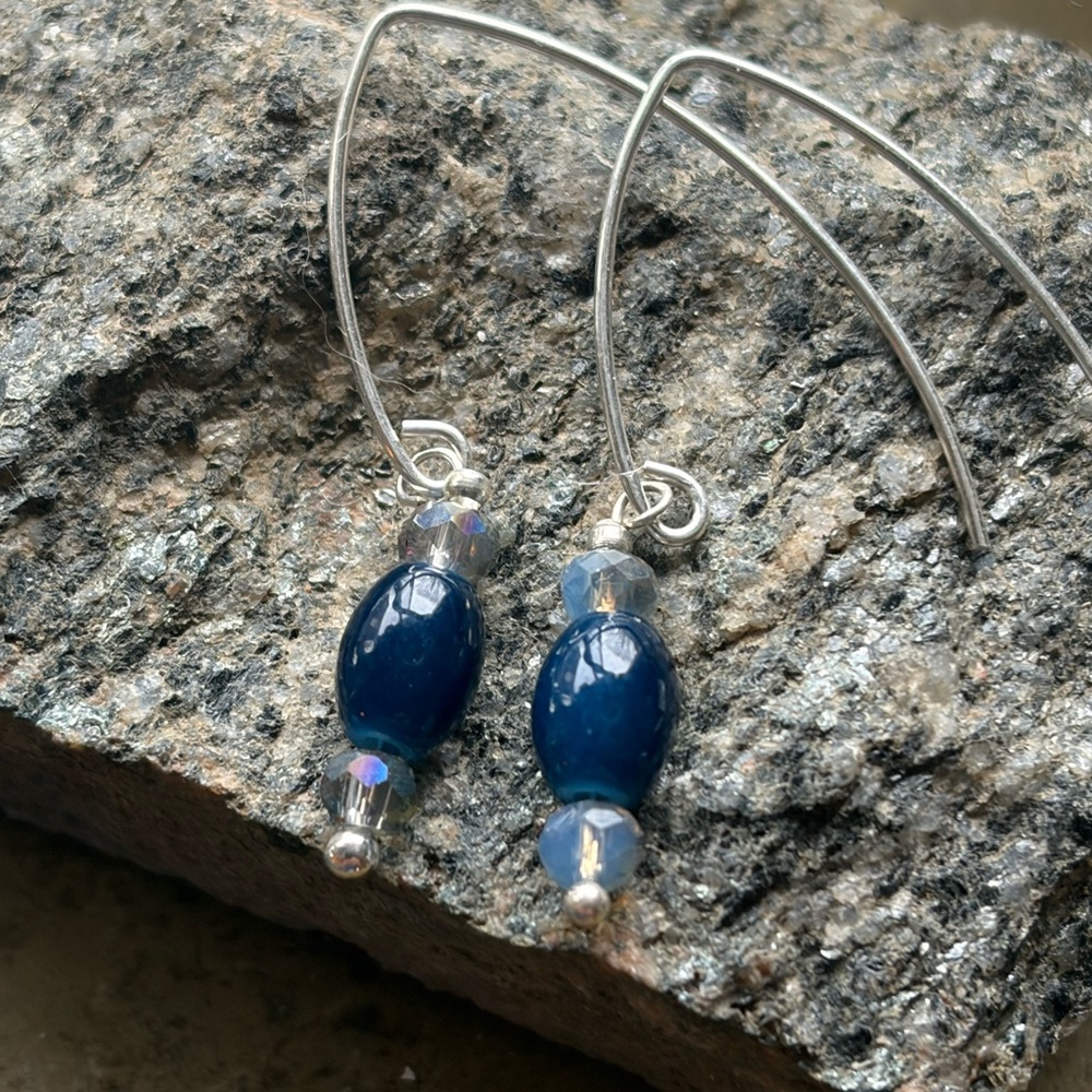 Elegant Silver and Blue Dangle Earrings sterling.  Vintage glass beads